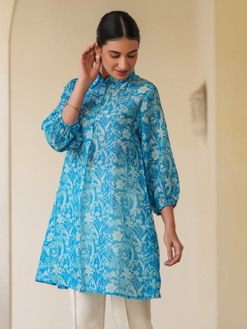 Blue Cotton Blend Floral Printed A-line Tunic